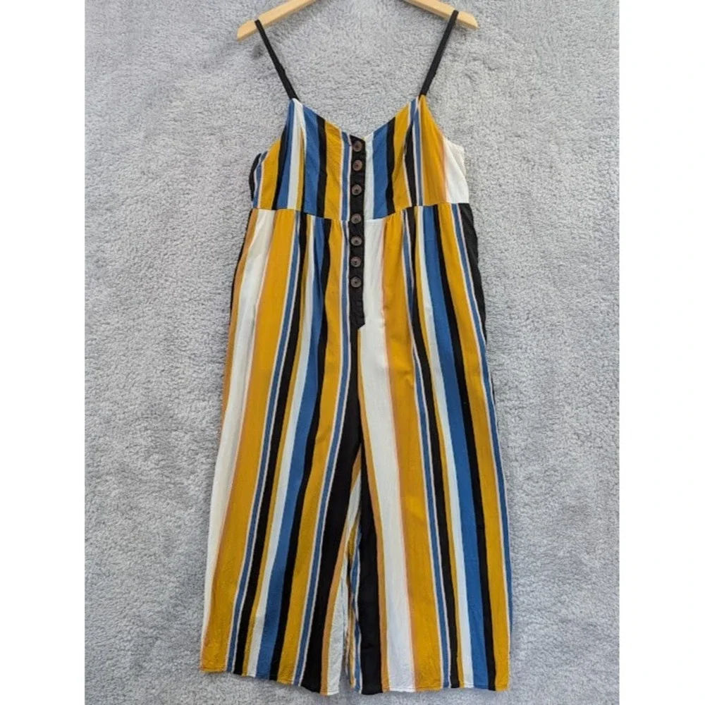Urban Outfitters Jumpsuit Women's Large Yellow Striped Cropped Button Front‎